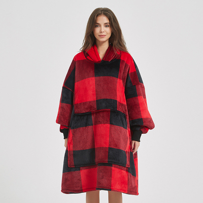 Customizable Plaid Hooded Blanket Oversized Sherpa Hoodie Blanket Unisex