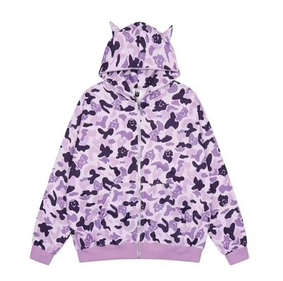 All Over Printed Oversize Hoodie Cotton Zip Up Sweatshirt Anti Wrinkle